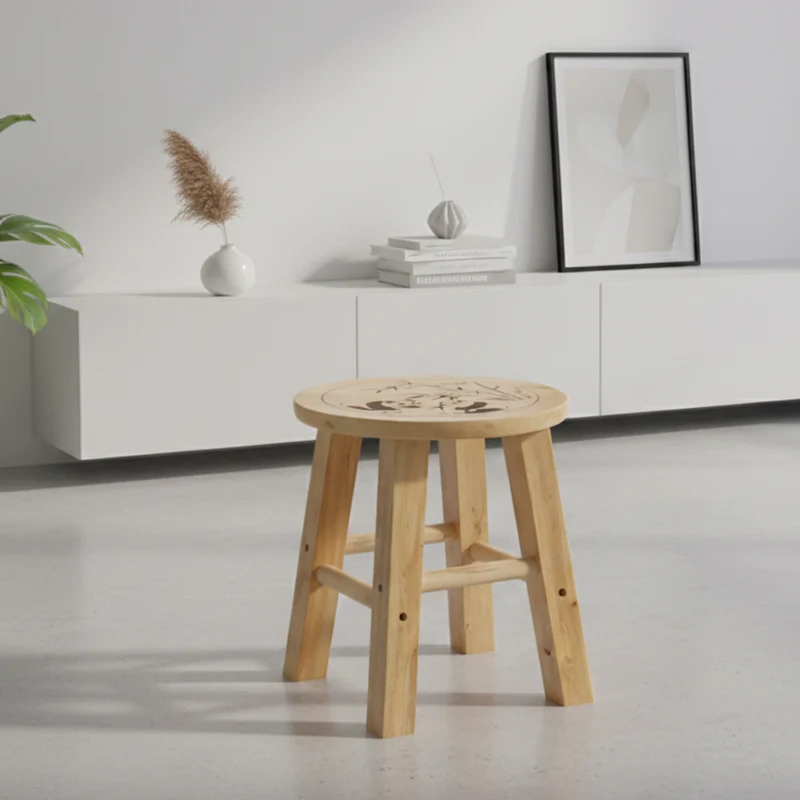 Traditional Chinese Solid Wood Round Stool Panda Pattern Finish Low Stool For Living Room Bedroom & Entryway