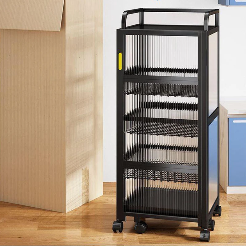 Modern Minimalist Carbon Steel & Glass Rectangular Storage Shelf With 5-Tier Rotating Shelves For Bedroom & Living Room