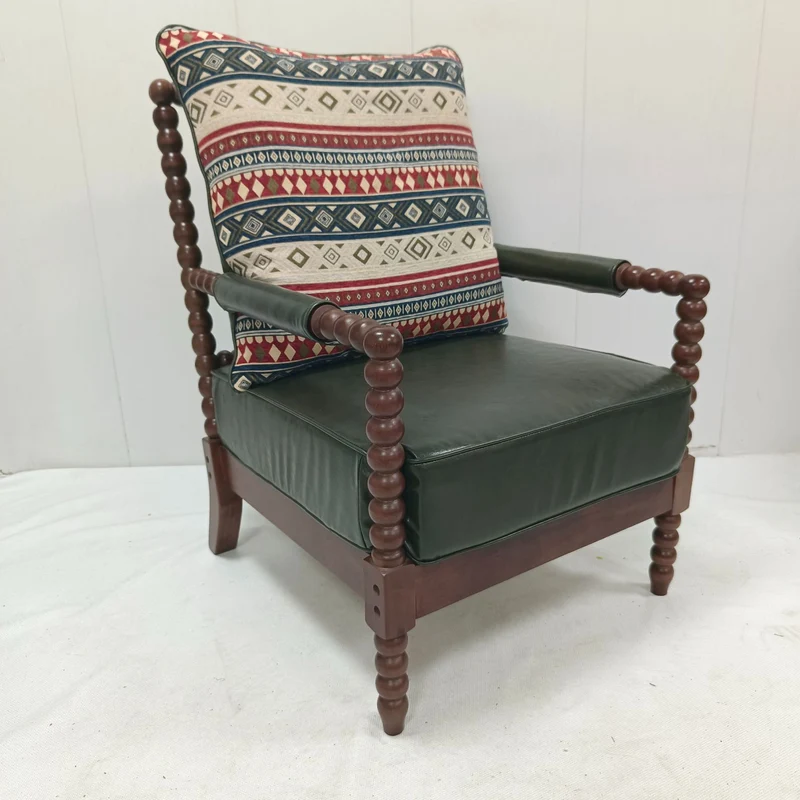Traditional French Rectangular Velvet Oiled Leather Solid Wood Accent Chair Backrest Armrest For Living Room