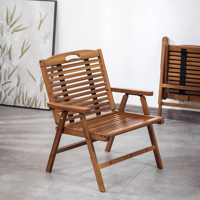 Traditional Chinese Bamboo Rectangular Accent Chair With Folding Backrest & Armrests For Living Room & Bedroom