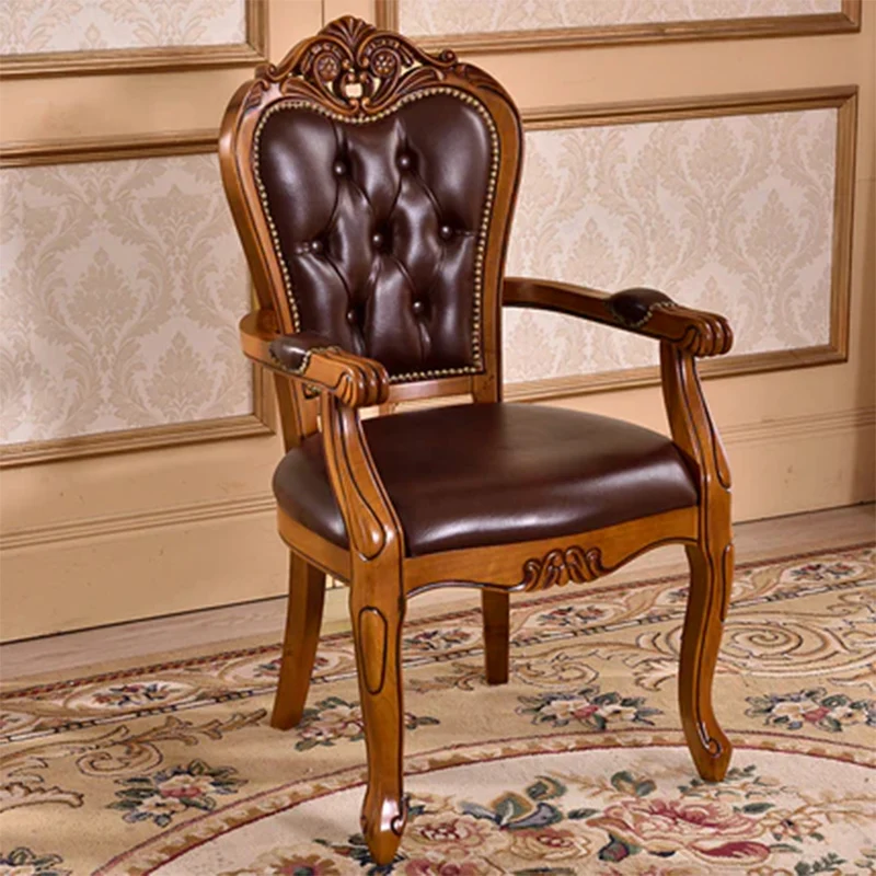 Traditional Vintage Curved Microfiber Leather Solid Wood Sponge Dining Chair Backrest Armrest For Dining Room