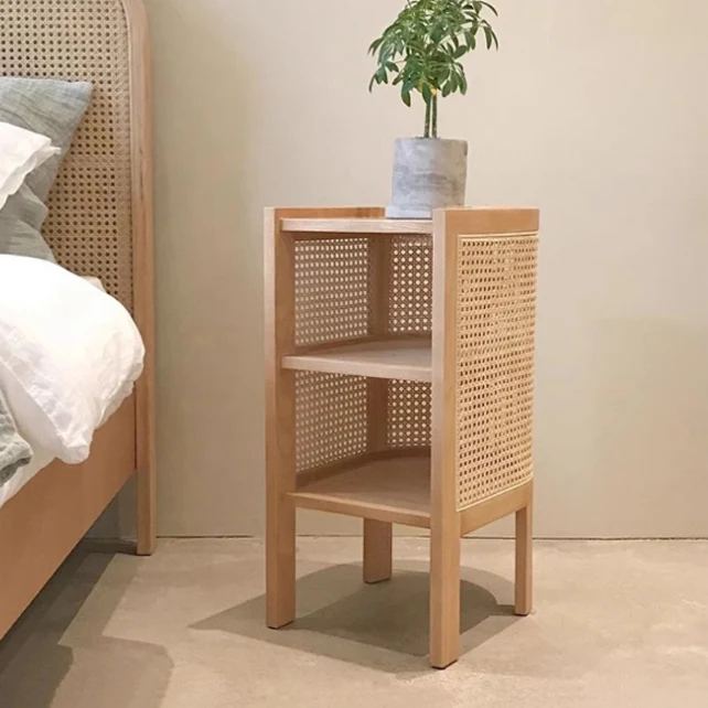 Modern Minimalist Curved Rectangular Ash Wood Rattan Weaving End Table 3-Tier For Living Room