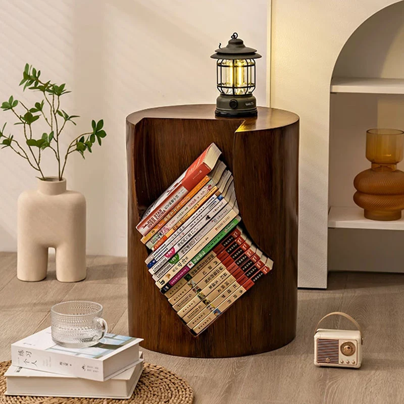 Traditional Vintage Round Resin Tree Stump End Table For Living Room