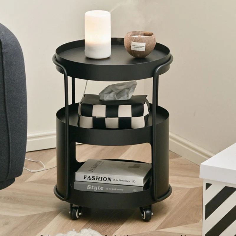 Modern Minimalist Round Tempered Glass Iron Movable End Table 3-Tier Storage Rack For Living Room