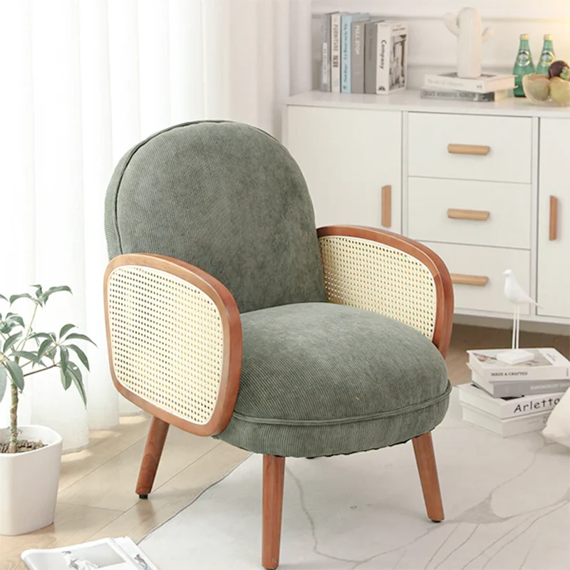 Modern Minimalist Curved Corduroy Solid Wood Plastic Rubberwood Sponge Plastic Weaving Accent Chair Backrest Armrest For Living Room