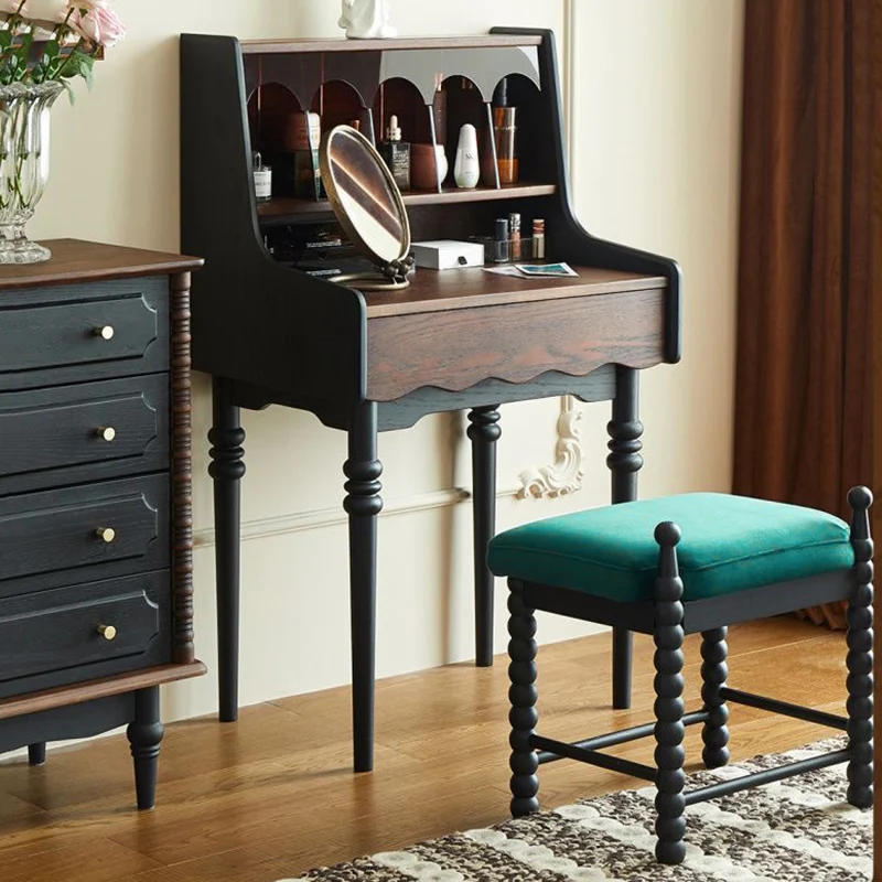 Traditional Vintage Rectangular Solid Wood Velvet Makeup Vanity & Vanity Stool Set 2-Tier For Bedroom