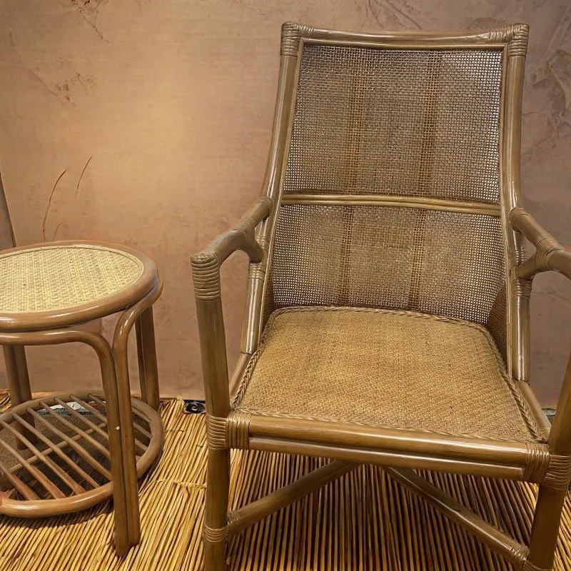 Traditional Vintage Curved Genuine Rattan Dining Chair Backrest Armrest For Dining Room