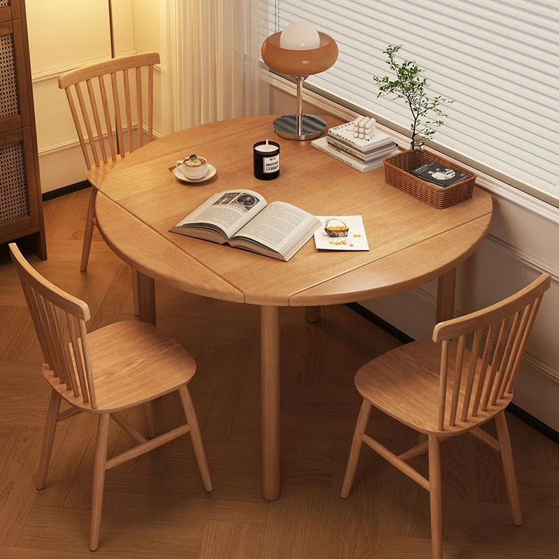Modern Minimalist Round Square Solid Wood Foldable Dining Table & Chair Set For 4 Seats