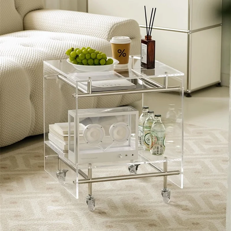 Acrylic Rolling End Table with Stainless Steel Frame – Modern Minimalist 3-Tier Side Table