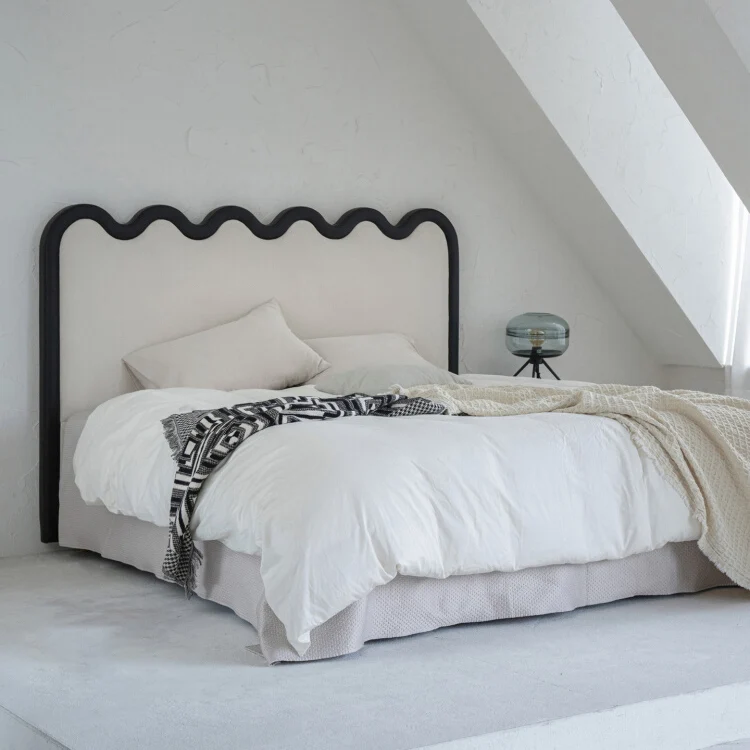 Wavy Paint-Free Solid Wood Bed Frame - Beige Linen French Design For Your Bedroom