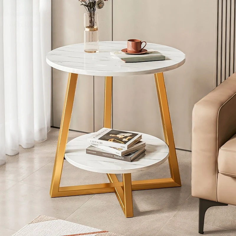 Modern Minimalist Round Carbon Steel MDF End Table 2-Tier For Living Room