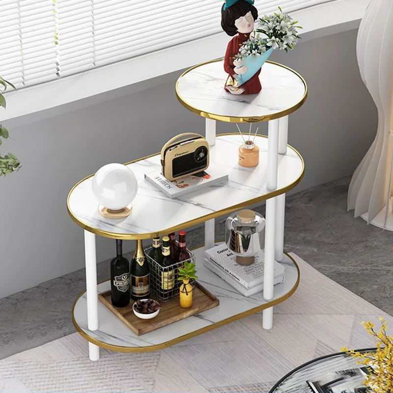 Modern Minimalist Oval Medium Density Fiberboard Solid Wood End Table 4-Leg 3-Tier For Living Room