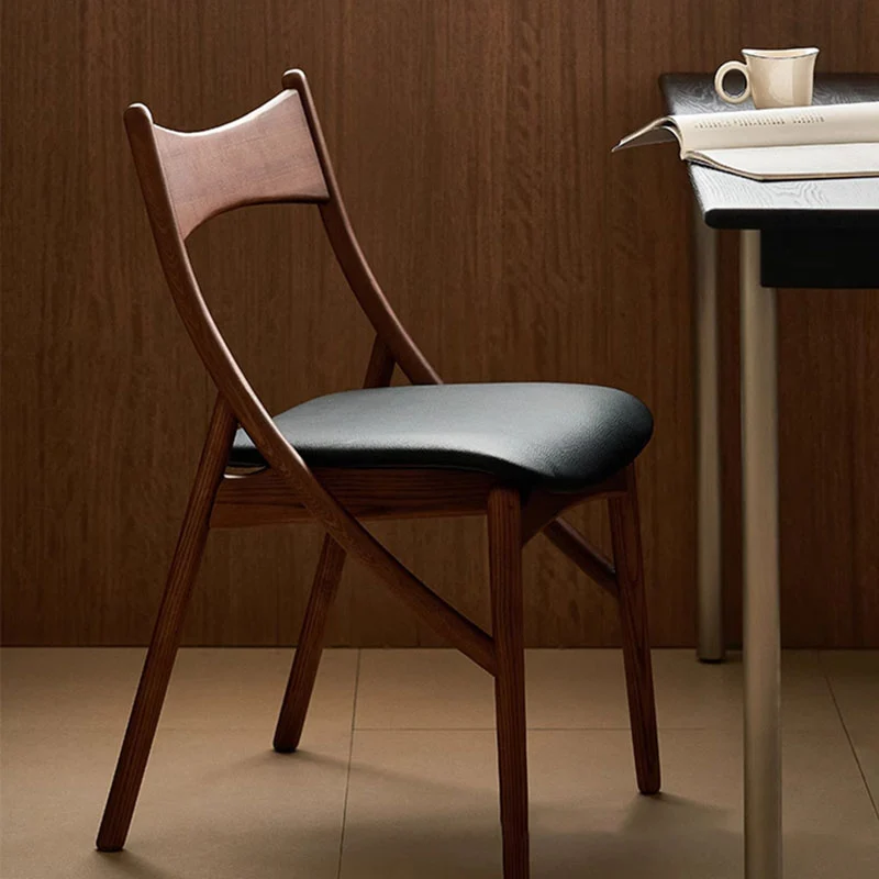 Traditional Vintage Rectangular Curved Cat-Shaped Solid Wood Silicone Leather Fabric Dining Chair Backrest Armless For Dining Room