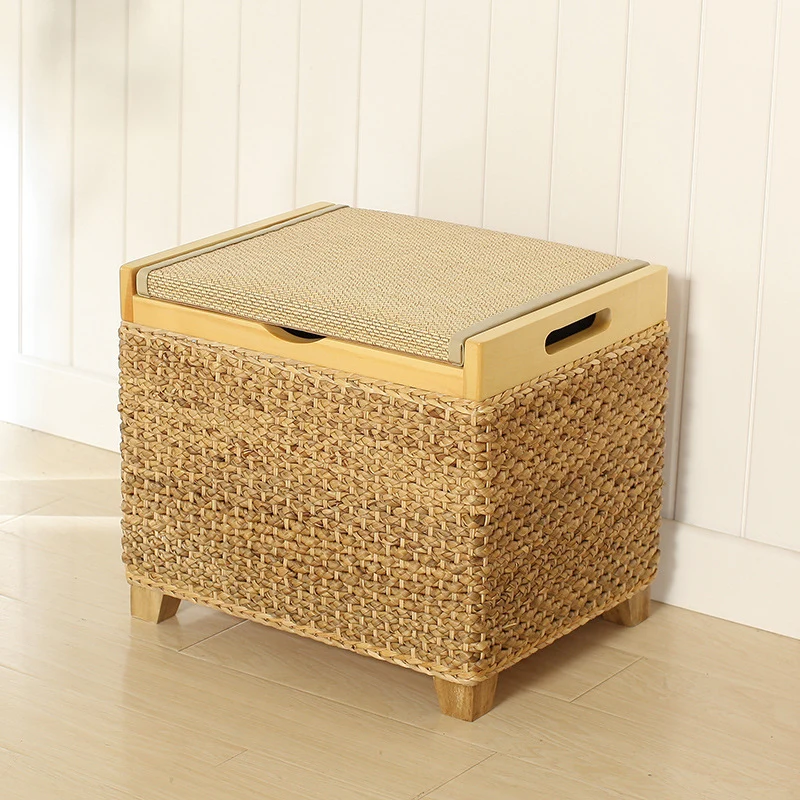 Traditional Chinese Square Pine Wood Plywood Narcissus Vine Storage Low Stool 1-Cabinet For Bedroom