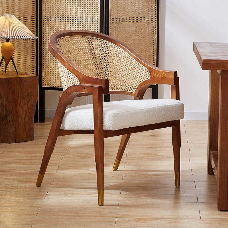 Traditional Vintage Rectangular Seat Cushion Ash Wood Rattan Cotton Linen Sponge Dining Chair Backrest Armrest For Dining Room