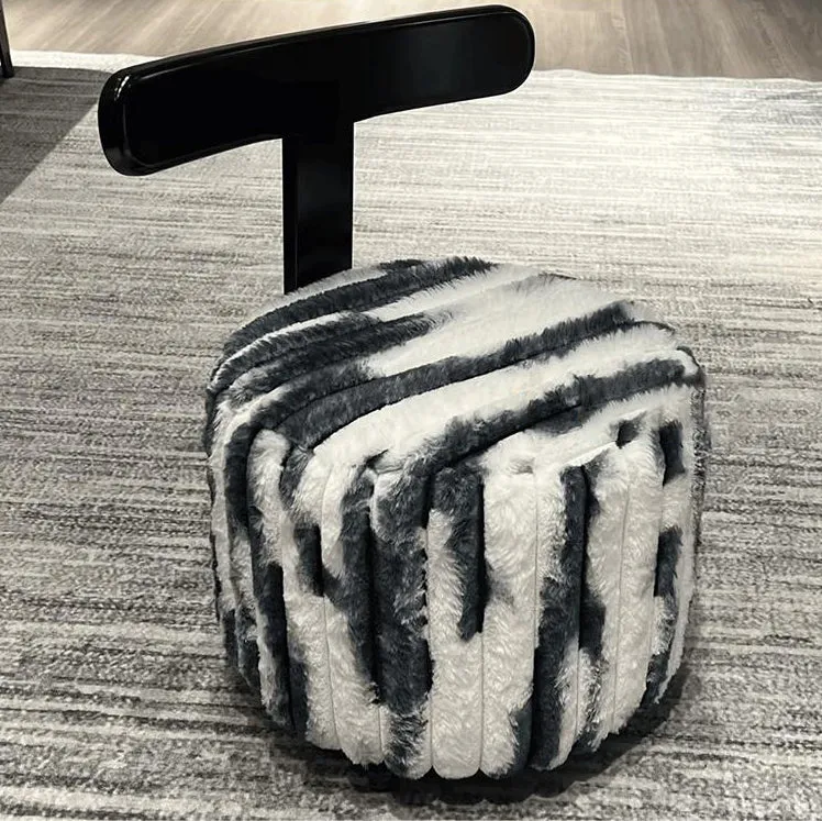 Contemporary Luxury Round Faux Velvet Rubberwood Plywood Movable Low Stool For Living Room