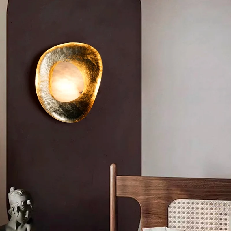 Traditional Vintage Round Copper Marble LED Wall Sconce Lamp for Bedroom