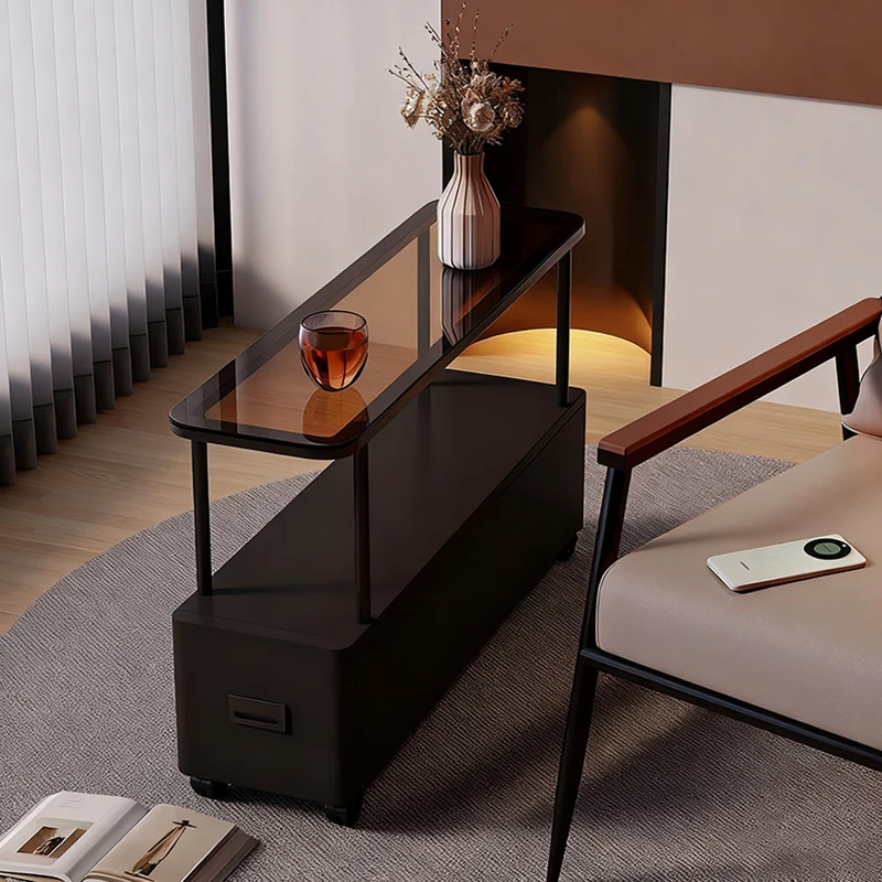 Modern Minimalist Ultra-Narrow Rectangular Tempered Glass Metal Particle Board Movable End Table 1-Drawer For Bedroom