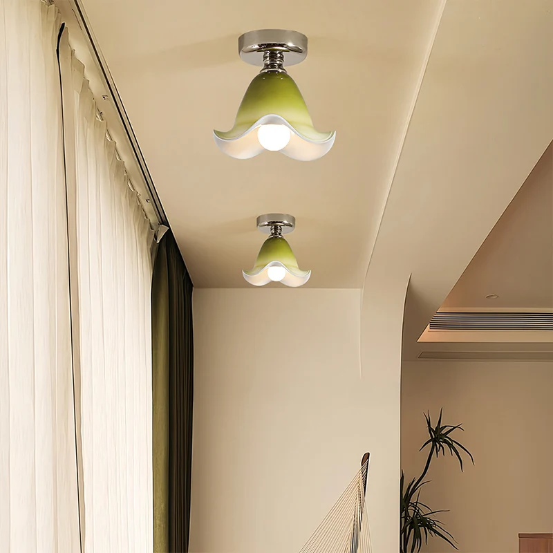 Traditional French Flower Iron Glass 1-Light Semi-Flush Mount Ceiling Light For Hallway