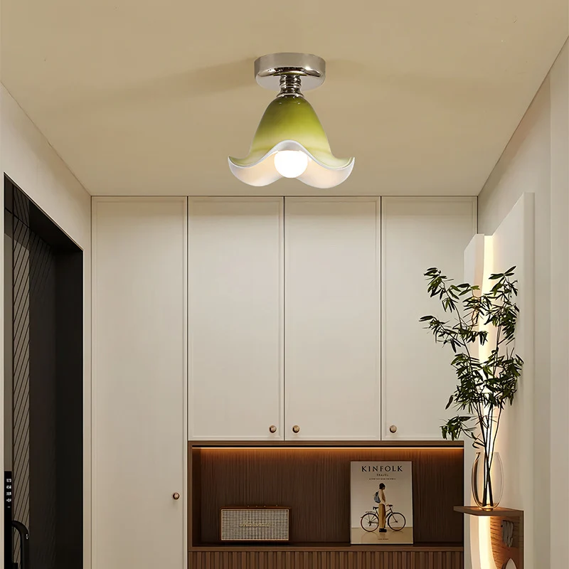 Traditional French Flower Iron Glass 1-Light Semi-Flush Mount Ceiling Light For Hallway