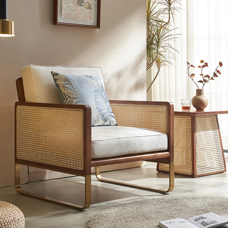 Traditional Japanese Square White Ash Wood Indonesian Rattan Linen-Cotton Blend Fabric Stainless Steel Backrest Armrest Accent Chair For Living Room