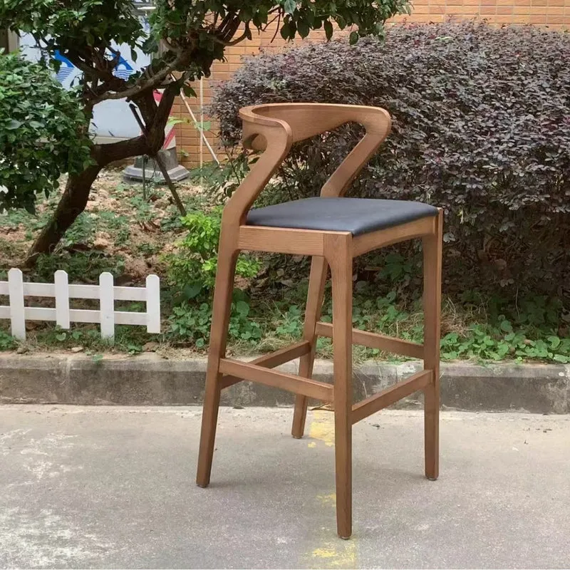 Modern Minimalist Rectangular Ash Wood Microfiber Leather Sponge Bar Stool Backrest Armrest For Dining Room