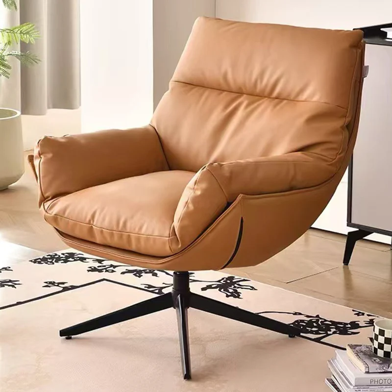 Modern Minimalist Curved Faux Leather Iron Sponge Swivel Accent Chair Backrest Armrest For Living Room