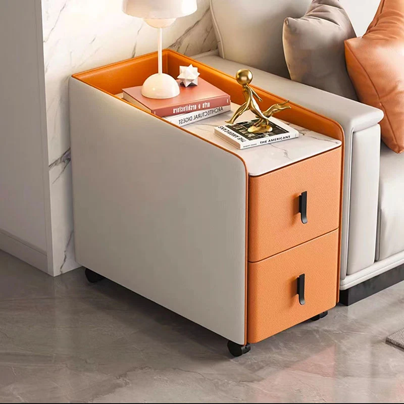 Modern Minimalist Rectangular Plywood Cat-Scratch Resistant Leather Stone Slab End Table 2-Drawer Movable For Living Room