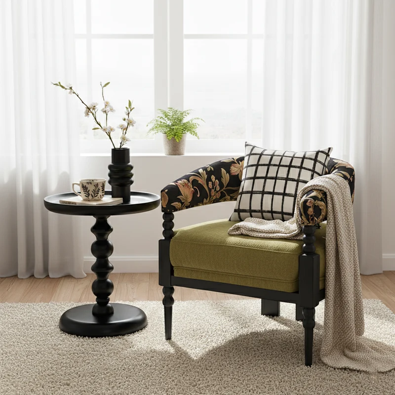 Traditional French Solid Ash Wood Curved Handrail Cotton-Linen Blend Accent Chair & Table Set For Living Room