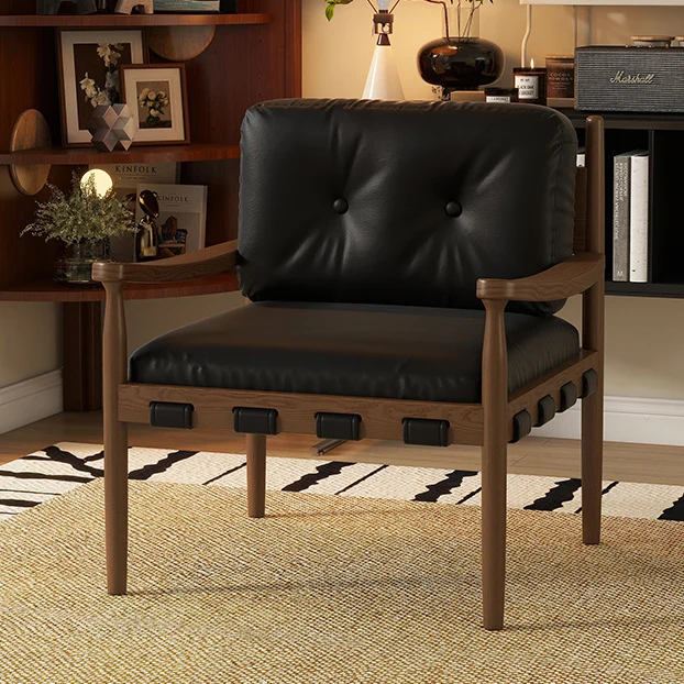 Traditional Vintage Square Rectangular Cat Scratch Leather Rubberwood Removable Accent Chair Backrest Armrest For Living Room