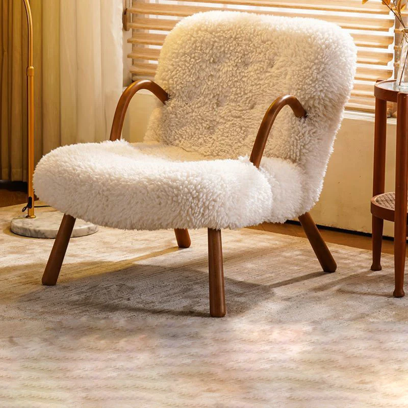 Modern Minimalist Rectangular Sherpa Fabric Solid Wood Accent Chair Backrest Armrest For Living Room
