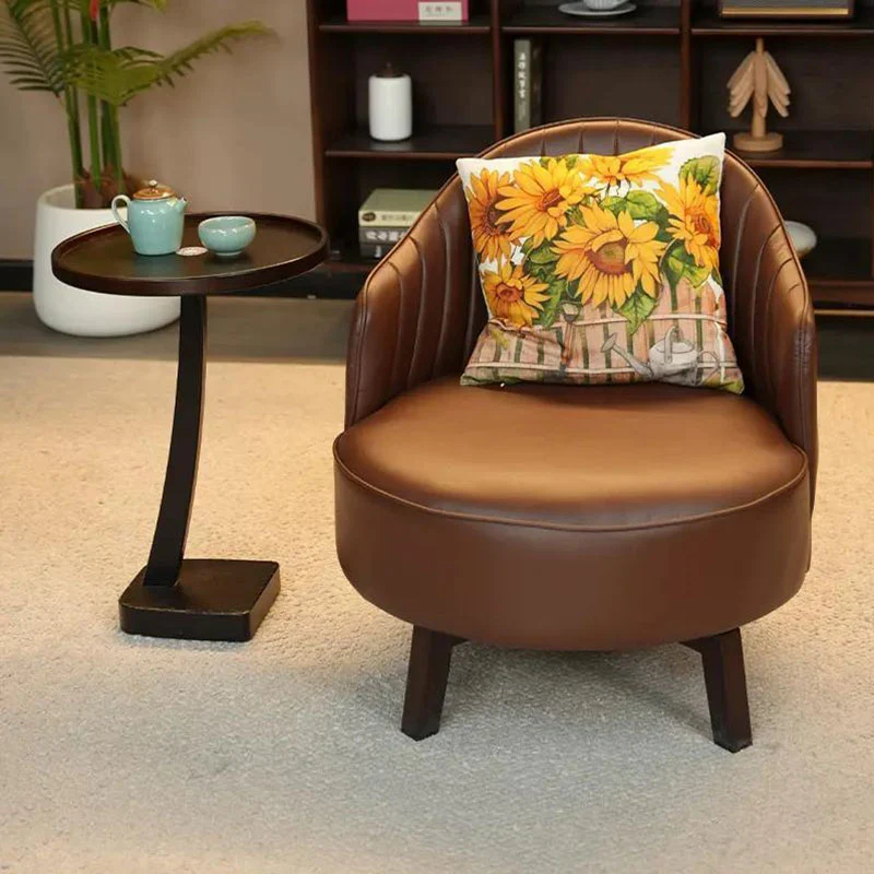 Traditional Vintage Rotatable Round Carbon Steel Faux Oil-Wax Leather Sponge Accent Chair Backrest Armless For Living Room