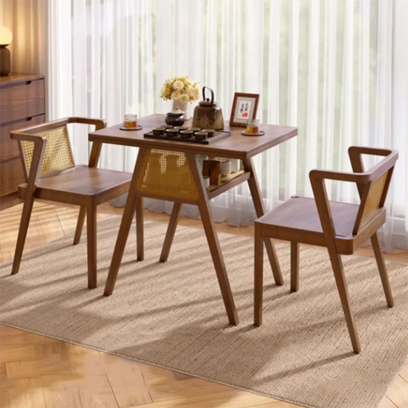 Traditional Chinese Square Rubberwood Backrest Desk & Chair Set For Living Room