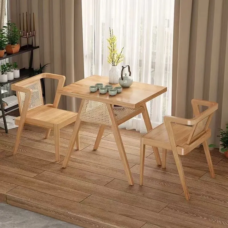 Traditional Chinese Square Rubberwood Backrest Desk & Chair Set For Living Room