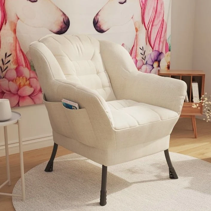Modern Minimalist Square Steel Cotton Linen Suede Removable Accent Chair Backrest Footrest for Bedroom