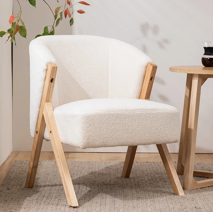 Contemporary Scandinavian Square Rubberwood Solid Wood Plywood High-Quality Synthetic Fabric Faux Wool Backrest Chair For Living Room