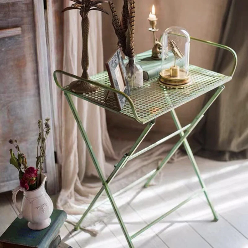 Traditional Vintage Rectangular Iron Openwork End Table 4-Leg Foldable For Living Room