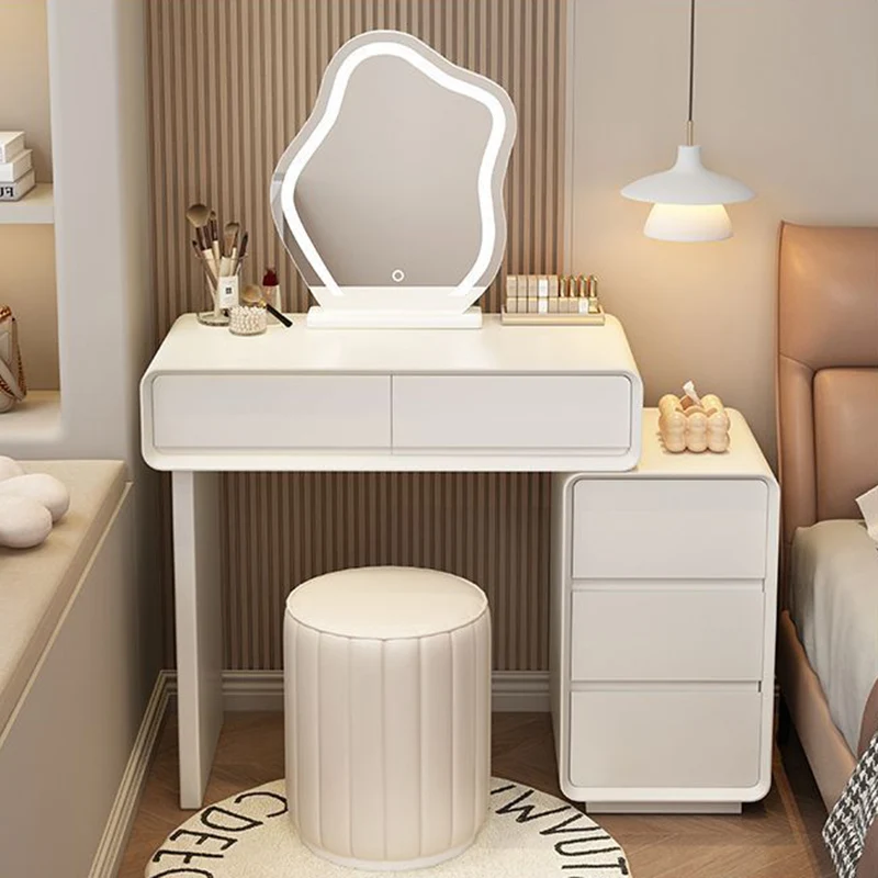 Modern Minimalist Rectangular Cat's Paw Leather Solid Wood Makeup Vanity 5-Drawer For Bedroom