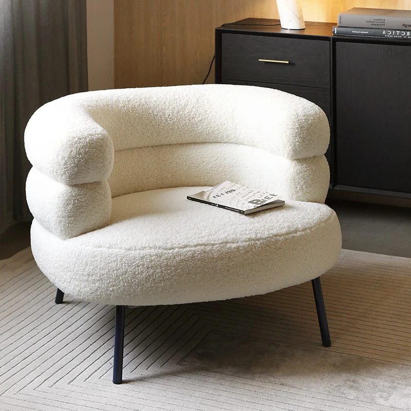 Contemporary Scandinavian Sherpa Fabric Carbon Steel Curved Oval Accent Chair Backrest And Armrests For Living Room