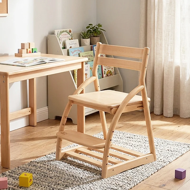 Modern Minimalist Solid Beech Wood Kids Study Chair - Adjustable Height Ergonomic Learning Chair With Footrest & Hidden Gravity Wheels