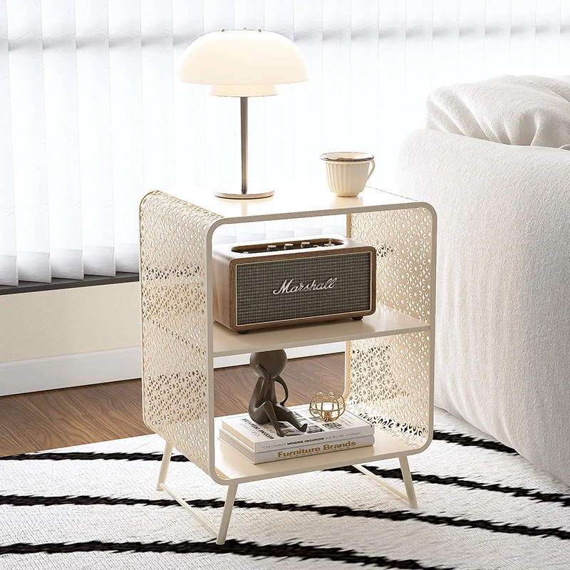 Contemporary Industrial Rounded Rectangle Iron Lightweight Hollowed-Out Petal Pattern End Table 2-Tier For Living Room