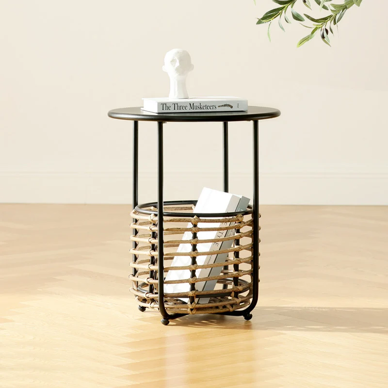 Contemporary Industrial Cylindrical Carbon Steel PE Rattan Weaving Lightweight End Table 1-Basket For Living Room