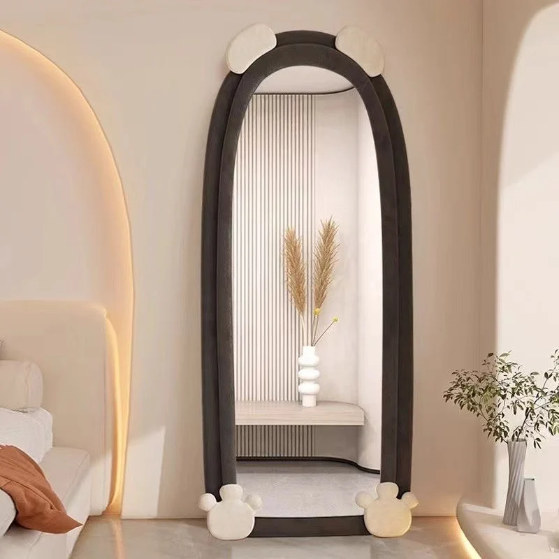 Contemporary Creative Velvet MDF Sponge Glass Bear-Shaped Full-Length Floor Mirror For Bedroom & Living Room