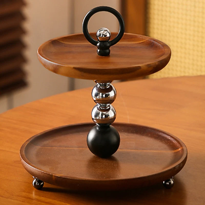 Contemporary Retro Acacia Wood Iron Round Desktop Storage Shelf 2-Tier For Living Room & Bedroom