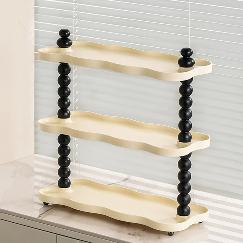 Contemporary Nordic High-Density Resin Oak Wood Rectangular Wave-Shaped Desktop Storage Shelf 3-Tier For Living Room & Bedroom