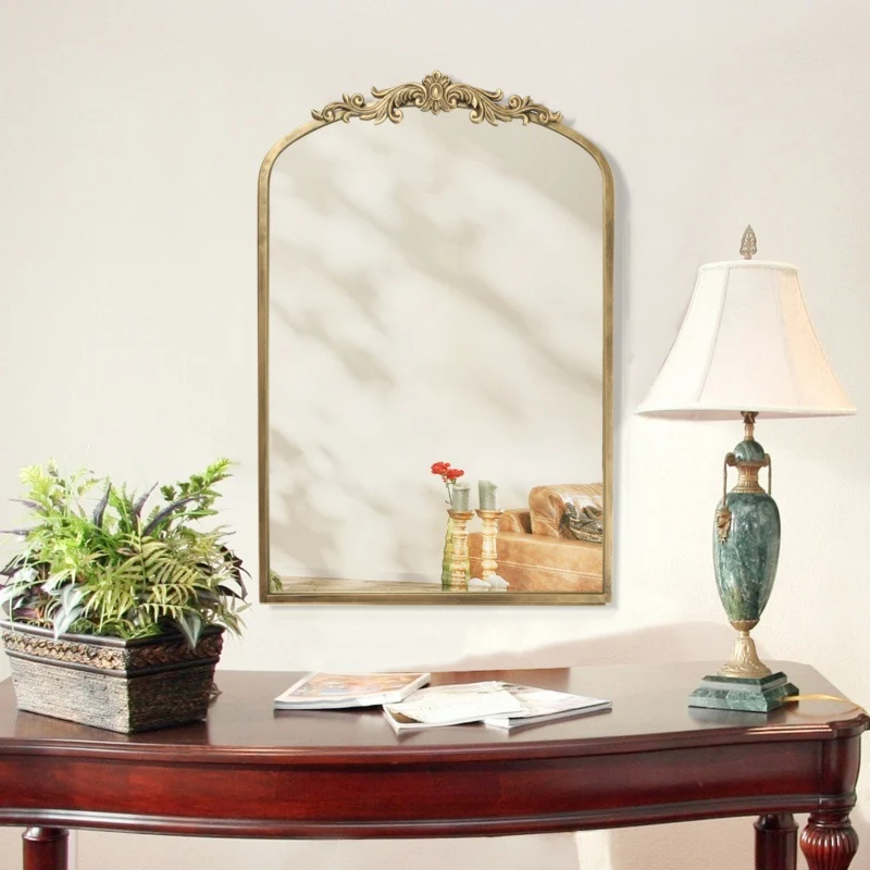 Traditional European Iron Glass Rectangular Arched Wall Mirror For Living Room & Bathroom