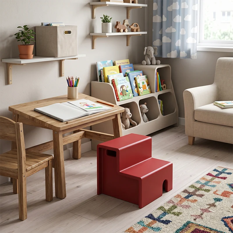 Beech Wood Cherry Wood Stable 2-Step Toddler Stool Kids Footstool - Nordic Stool With Rounded Corners & Easy-Carry Handles For Living Room