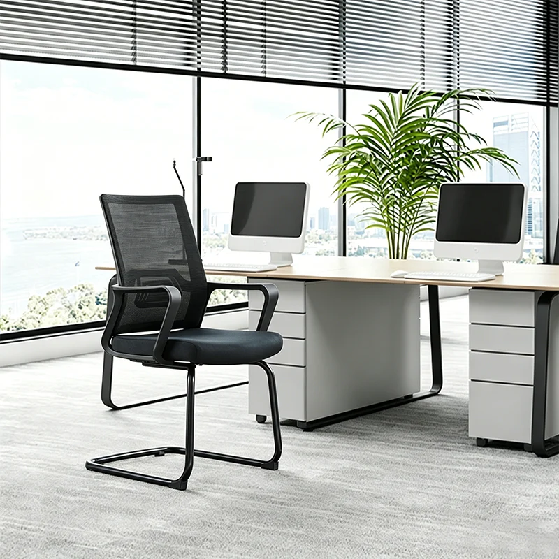 Modern Stylish Black Mesh Office Chair With Integrated Armrest - PP Lumbar Support & Steel Cantilever Desk Chair For Home Office