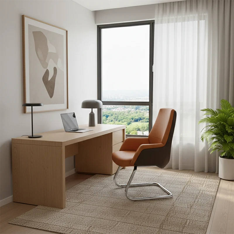 Modern Executive Two-Tone PU Leather Desk Chair - Warm Brown Cantilever Office Chair With Ergonomic Headrest & Chrome Base For Home Office