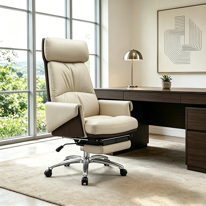 Modern Ergonomic Premium Brazilian Cowhide Leather Contact Surface Office Chair - Rectangular High Back Reclining Backrest & Cushioned Head Support Desk Chair For Home Office